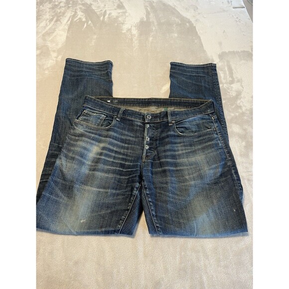 G Star Raw Jeans Men’s 36 X 38 Blue Dark Wash Straight Leg Button Fly Distressed - Picture 2 of 14